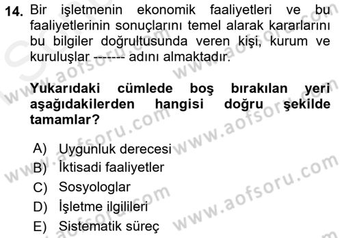 Muhasebe ve Hukuk Dersi 2018 - 2019 Yılı (Final) Dönem Sonu Sınav Soruları 14. Soru