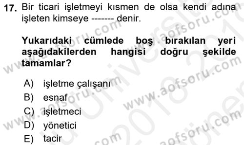 Muhasebe ve Hukuk Dersi 2018 - 2019 Yılı (Final) Dönem Sonu Sınav Soruları 17. Soru