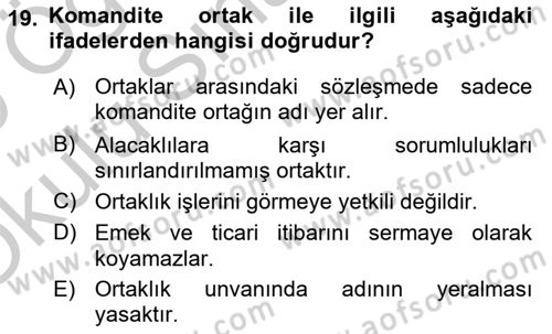 Muhasebe ve Hukuk Dersi 2018 - 2019 Yılı Yaz Okulu Sınav Soruları 19. Soru
