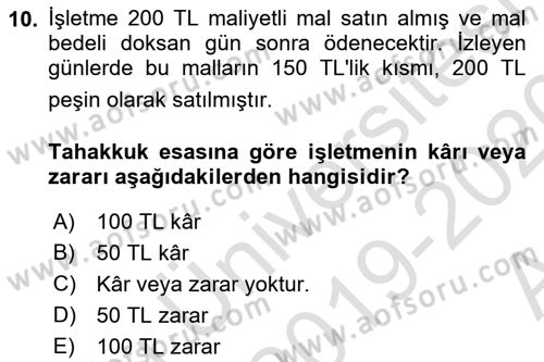 Muhasebe ve Hukuk Dersi 2019 - 2020 Yılı (Vize) Ara Sınav Soruları 10. Soru