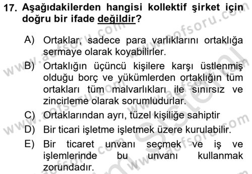 Muhasebe ve Hukuk Dersi 2019 - 2020 Yılı (Final) Dönem Sonu Sınav Soruları 17. Soru