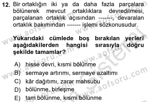 Muhasebe ve Hukuk Dersi 2021 - 2022 Yılı Yaz Okulu Sınav Soruları 12. Soru