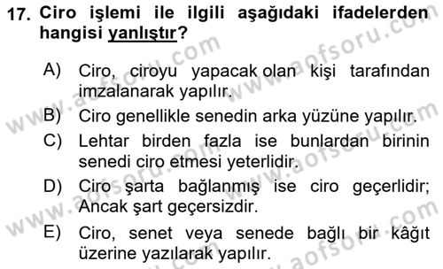 Muhasebe ve Hukuk Dersi 2021 - 2022 Yılı Yaz Okulu Sınav Soruları 17. Soru