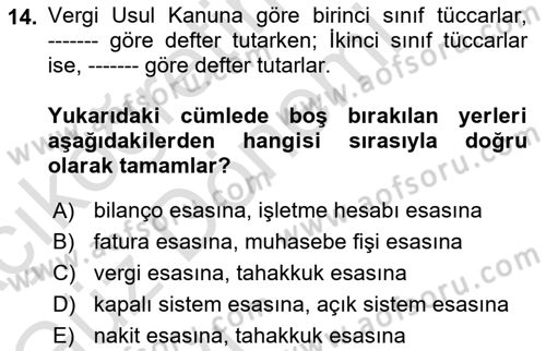 Muhasebe ve Hukuk Dersi 2023 - 2024 Yılı (Vize) Ara Sınavı 14. Soru