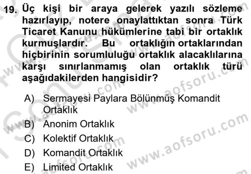 Muhasebe ve Hukuk Dersi 2023 - 2024 Yılı (Final) Dönem Sonu Sınav Soruları 19. Soru