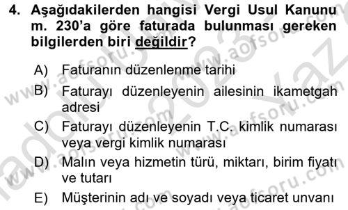 Muhasebe ve Hukuk Dersi 2023 - 2024 Yılı Yaz Okulu Sınav Soruları 4. Soru