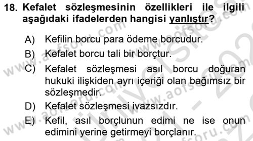 Borçlar Hukuku Dersi 2021 - 2022 Yılı Yaz Okulu Sınavı 18. Soru