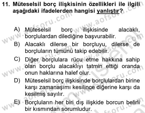 Borçlar Hukuku Dersi 2024 - 2025 Yılı (Final) Dönem Sonu Sınav Soruları 11. Soru