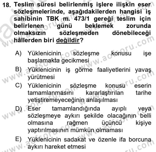 Borçlar Hukuku Dersi 2024 - 2025 Yılı Yaz Okulu Sınav Soruları 18. Soru
