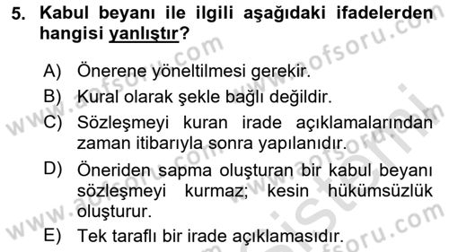 Borçlar Hukuku Dersi 2025 - 2026 Yılı (Vize) Ara Sınav Soruları 5. Soru
