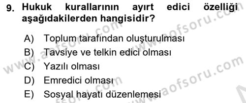 Hukukun Temel Kavramları 2 Dersi Ara Sınavı Deneme Sınav Soruları 9. Soru