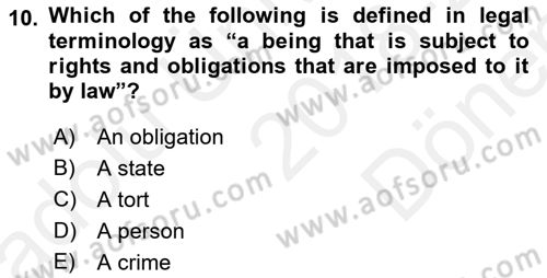 Introduction to Law Dersi 2018 - 2019 Yılı (Final) Dönem Sonu Sınav Soruları 10. Soru