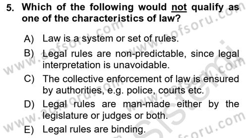 Introduction to Law Dersi Ara Sınavı Deneme Sınav Soruları 5. Soru