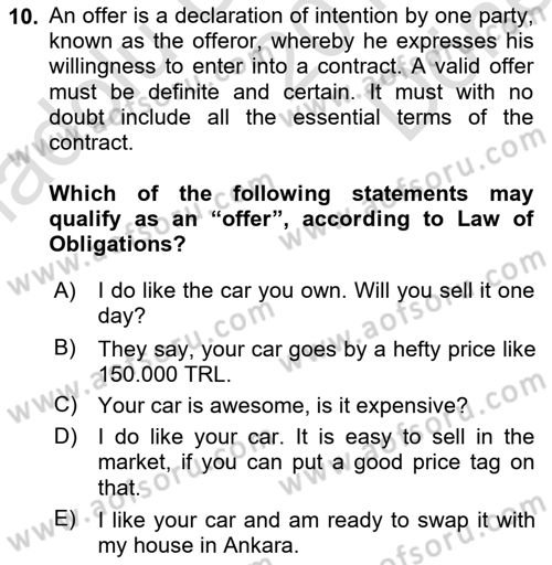 Introduction to Law Dersi 2019 - 2020 Yılı (Final) Dönem Sonu Sınav Soruları 10. Soru