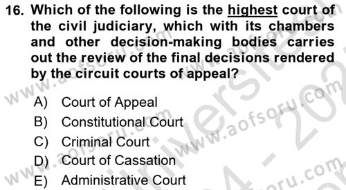 Introduction to Law Dersi 2024 - 2025 Yılı (Final) Dönem Sonu Sınav Soruları 16. Soru