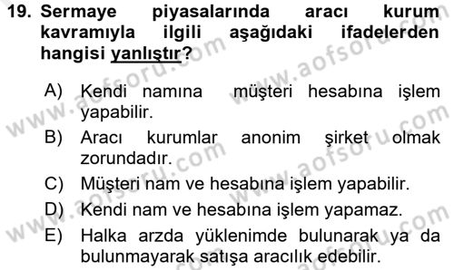Sermaye Piyasası Hukuku Dersi 2015 - 2016 Yılı (Vize) Ara Sınav Soruları 19. Soru