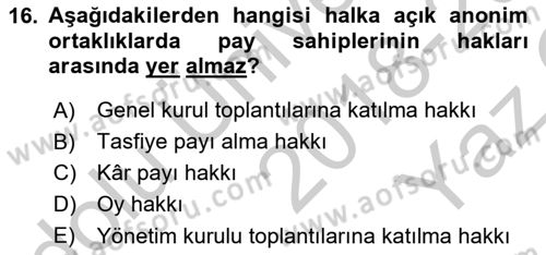 Sermaye Piyasası Hukuku Dersi 2018 - 2019 Yılı Yaz Okulu Sınav Soruları 16. Soru