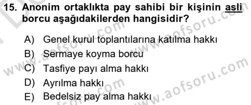 Sermaye Piyasası Hukuku Dersi 2021 - 2022 Yılı (Final) Dönem Sonu Sınavı 15. Soru