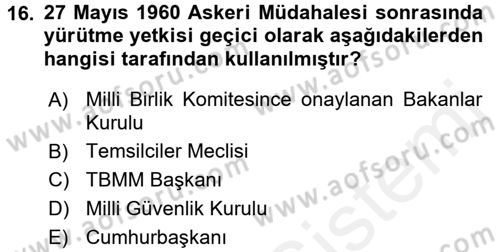 Anayasa 1 Dersi 2015 - 2016 Yılı Tek Ders Sınav Soruları 16. Soru