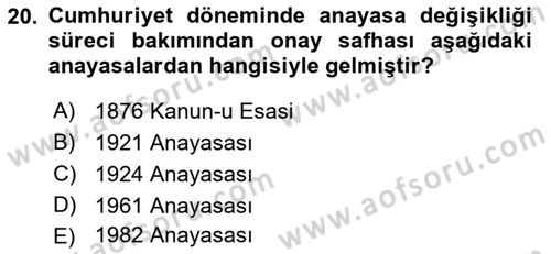 Anayasa 1 Dersi 2016 - 2017 Yılı (Final) Dönem Sonu Sınav Soruları 20. Soru