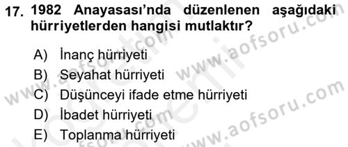 Anayasa 1 Dersi 2017 - 2018 Yılı (Final) Dönem Sonu Sınav Soruları 17. Soru
