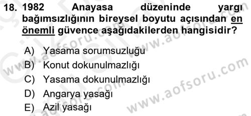 Anayasa 1 Dersi 2017 - 2018 Yılı (Final) Dönem Sonu Sınav Soruları 18. Soru
