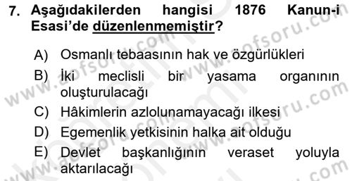 Anayasa 1 Dersi 2017 - 2018 Yılı (Final) Dönem Sonu Sınav Soruları 7. Soru