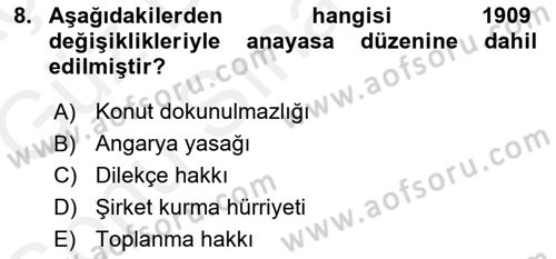Anayasa 1 Dersi 2017 - 2018 Yılı (Final) Dönem Sonu Sınav Soruları 8. Soru