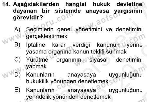 Anayasa 1 Dersi 2018 - 2019 Yılı (Final) Dönem Sonu Sınav Soruları 14. Soru