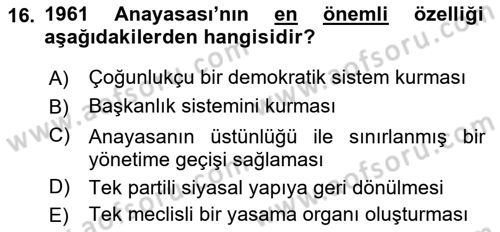 Anayasa 1 Dersi 2018 - 2019 Yılı (Final) Dönem Sonu Sınav Soruları 16. Soru