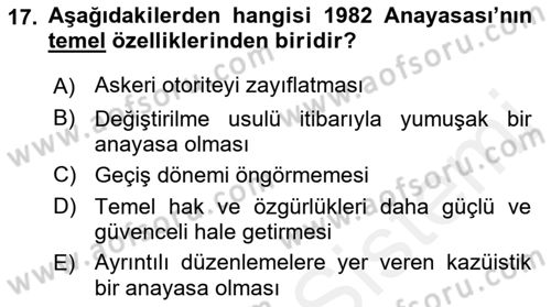 Anayasa 1 Dersi 2018 - 2019 Yılı (Final) Dönem Sonu Sınav Soruları 17. Soru