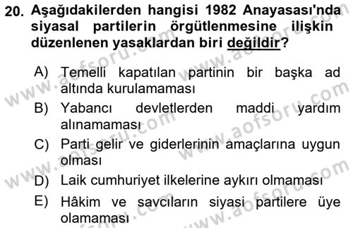 Anayasa 1 Dersi 2018 - 2019 Yılı (Final) Dönem Sonu Sınav Soruları 20. Soru