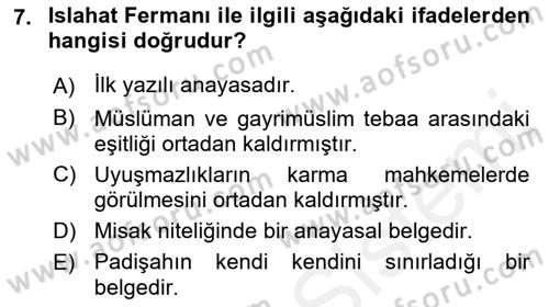 Anayasa 1 Dersi 2018 - 2019 Yılı (Final) Dönem Sonu Sınav Soruları 7. Soru