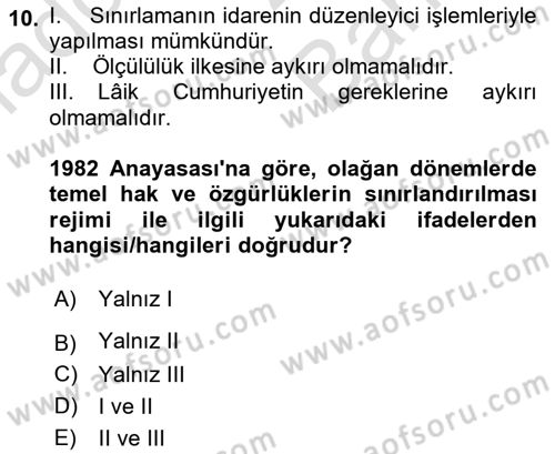 Anayasa 2 Dersi 2021 - 2022 Yılı (Vize) Ara Sınavı 10. Soru