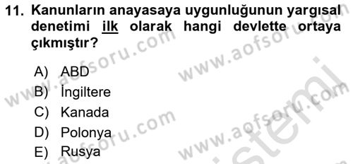 Anayasa 2 Dersi 2021 - 2022 Yılı (Vize) Ara Sınavı 11. Soru