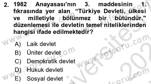 Anayasa 2 Dersi 2021 - 2022 Yılı (Vize) Ara Sınavı 2. Soru