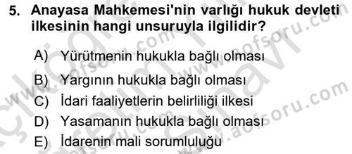 Anayasa 2 Dersi 2021 - 2022 Yılı (Vize) Ara Sınavı 5. Soru