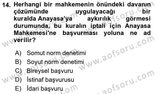 Anayasa 2 Dersi 2021 - 2022 Yılı Yaz Okulu Sınav Soruları 14. Soru