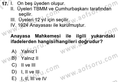 Anayasa 2 Dersi 2021 - 2022 Yılı Yaz Okulu Sınav Soruları 17. Soru