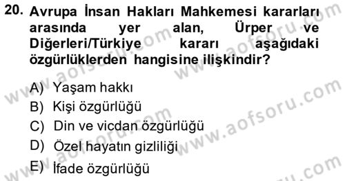 İnsan Hakları ve Kamu Özgürlükleri Dersi 2014 - 2015 Yılı Tek Ders Sınav Soruları 20. Soru