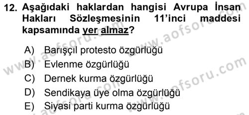İnsan Hakları ve Kamu Özgürlükleri Dersi 2015 - 2016 Yılı Tek Ders Sınav Soruları 12. Soru