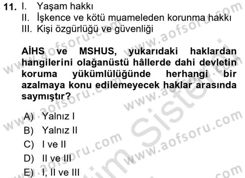 İnsan Hakları ve Kamu Özgürlükleri Dersi 2017 - 2018 Yılı (Vize) Ara Sınav Soruları 11. Soru