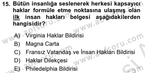 İnsan Hakları ve Kamu Özgürlükleri Dersi 2017 - 2018 Yılı (Vize) Ara Sınav Soruları 15. Soru