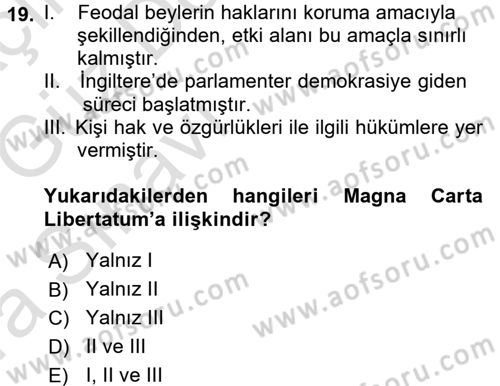 İnsan Hakları ve Kamu Özgürlükleri Dersi 2017 - 2018 Yılı (Vize) Ara Sınav Soruları 19. Soru