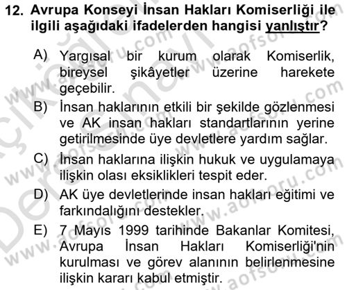 İnsan Hakları ve Kamu Özgürlükleri Dersi 2018 - 2019 Yılı 3 Ders Sınav Soruları 12. Soru