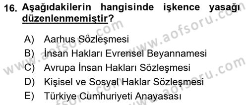 İnsan Hakları ve Kamu Özgürlükleri Dersi 2018 - 2019 Yılı Yaz Okulu Sınav Soruları 16. Soru