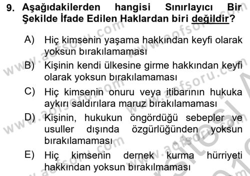İnsan Hakları ve Kamu Özgürlükleri Dersi 2018 - 2019 Yılı Yaz Okulu Sınav Soruları 9. Soru