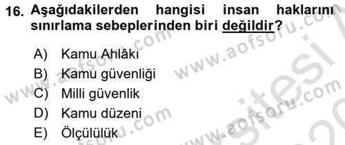 İnsan Hakları ve Kamu Özgürlükleri Dersi 2019 - 2020 Yılı (Vize) Ara Sınav Soruları 16. Soru
