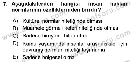 İnsan Hakları ve Kamu Özgürlükleri Dersi 2019 - 2020 Yılı (Vize) Ara Sınav Soruları 7. Soru
