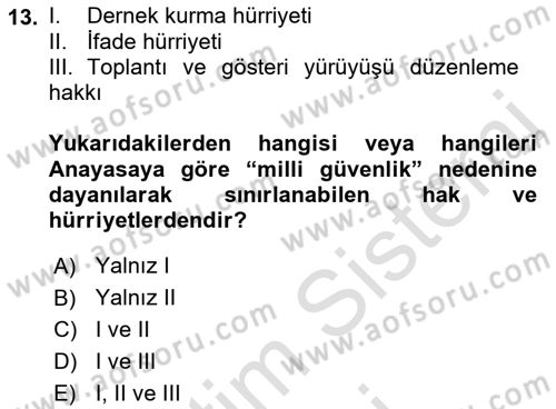İnsan Hakları ve Kamu Özgürlükleri Dersi 2021 - 2022 Yılı (Vize) Ara Sınav Soruları 13. Soru